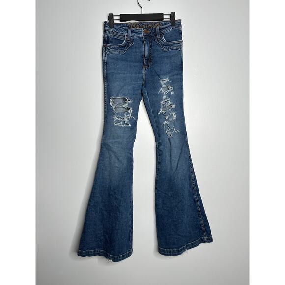 Wrangler Denim - Wrangler Women's Dark Wash High Rise Distressed Bell Flare Jeans Size 25x34